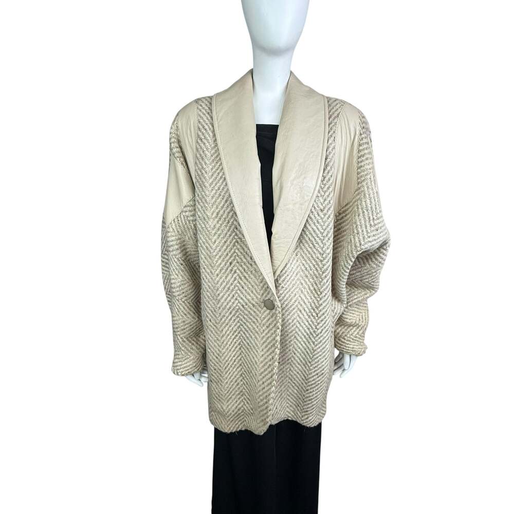 Vintage Havoc USA Herringbone Wool Coat with Genuine Leather Trim